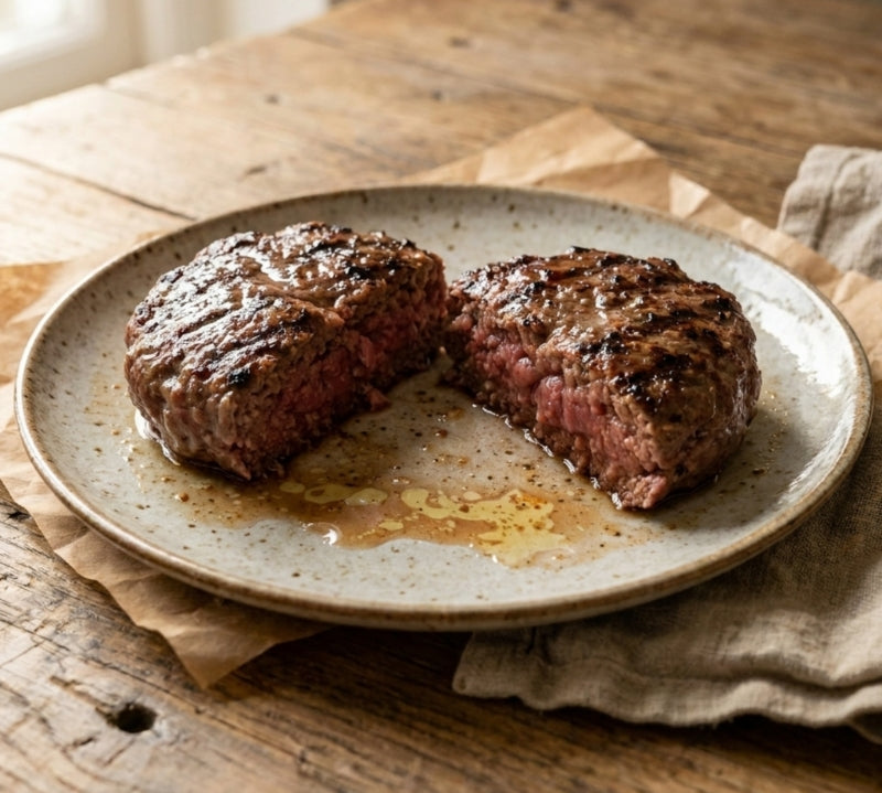 Two grilled lamb patties on a ceramic plate with a wooden background