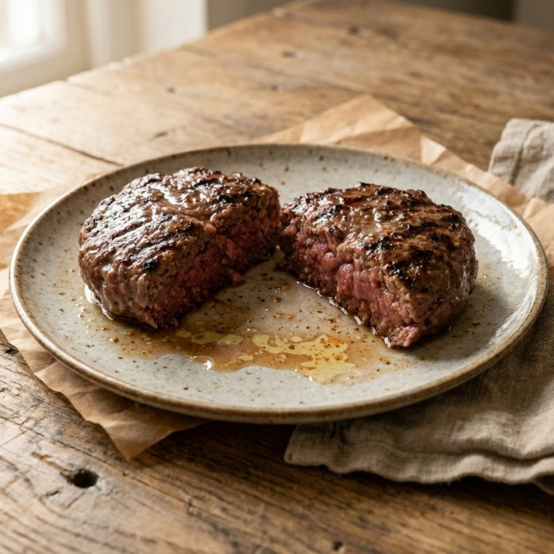 Two grilled lamb patties on a ceramic plate with a wooden background