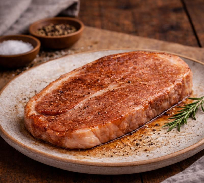 Grilled steak on a plate with rosemary, salt, and pepper in the background.