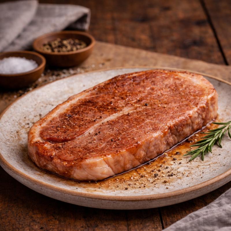 Grilled steak on a plate with rosemary, salt, and pepper in the background.