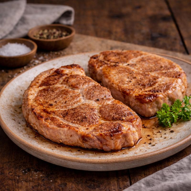 Two grilled pork steaks on a plate with herbs, salt, and pepper in the background.