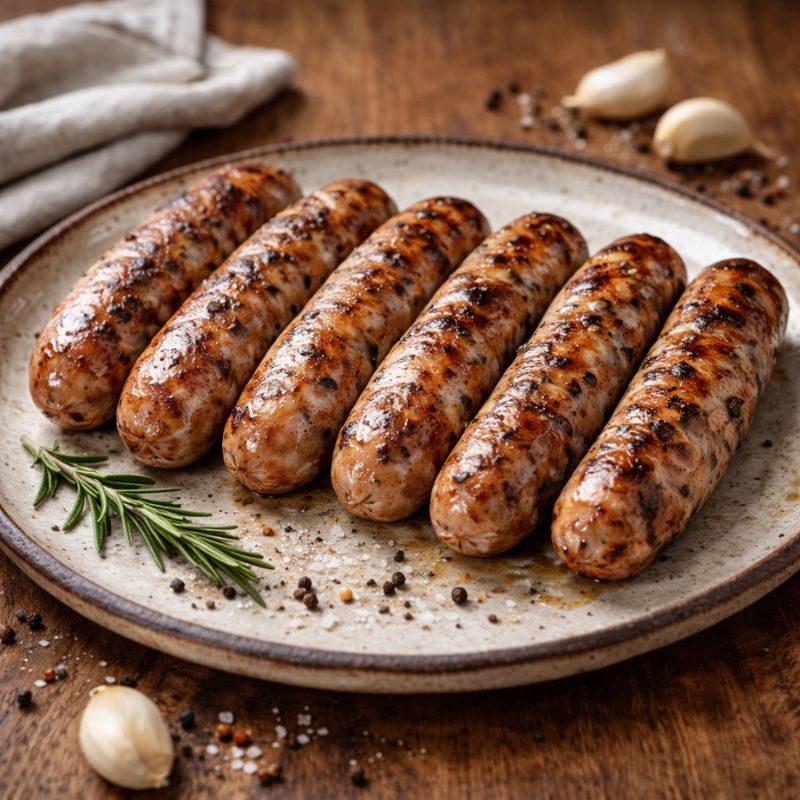 Grilled sausages on a plate with rosemary and garlic on a wooden background