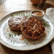 Two grilled meat patties on a speckled ceramic plate with a side of sauce, garnished with herbs.
