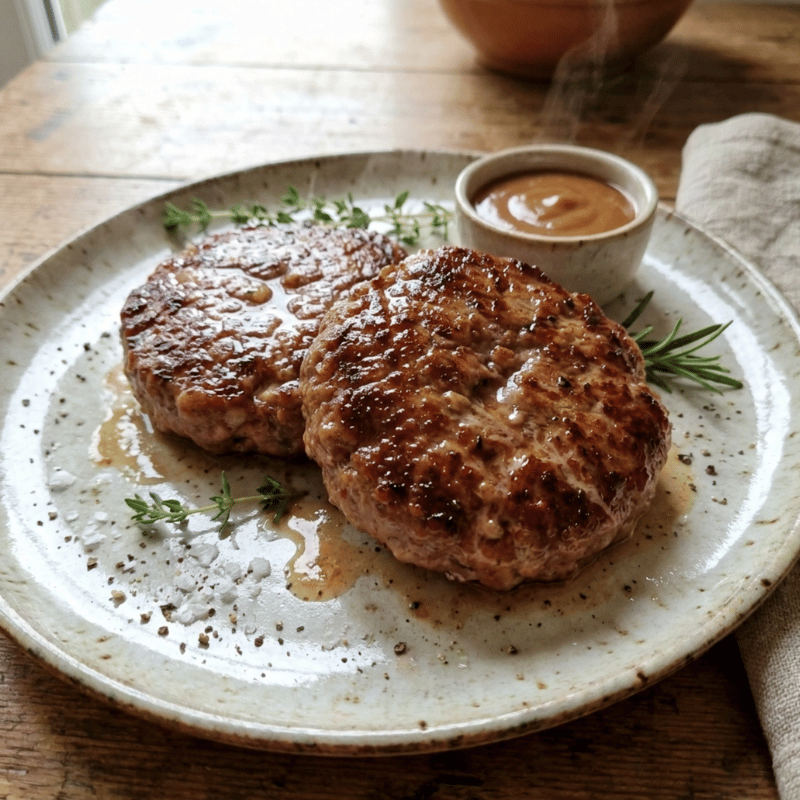 Two grilled meat patties on a speckled ceramic plate with a side of sauce, garnished with herbs.
