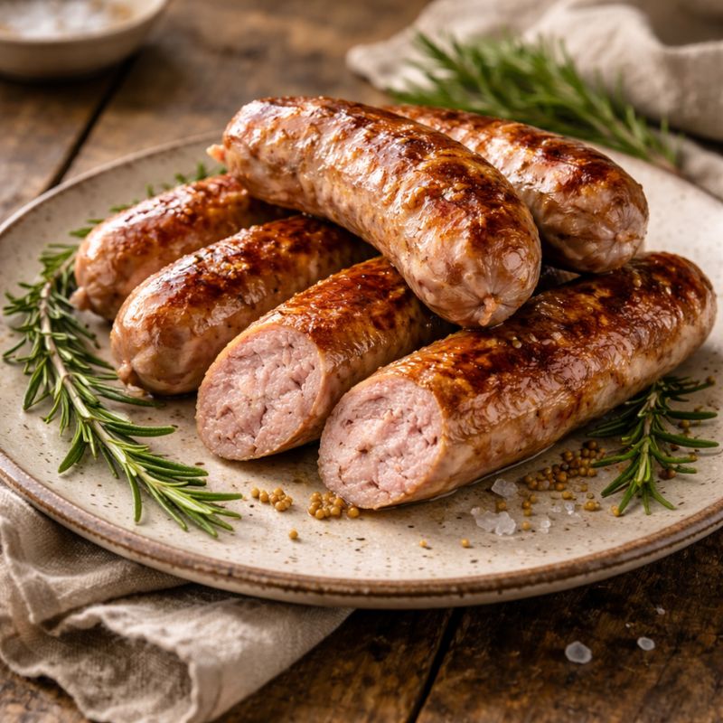 Grilled sausages on a plate with rosemary and salt
