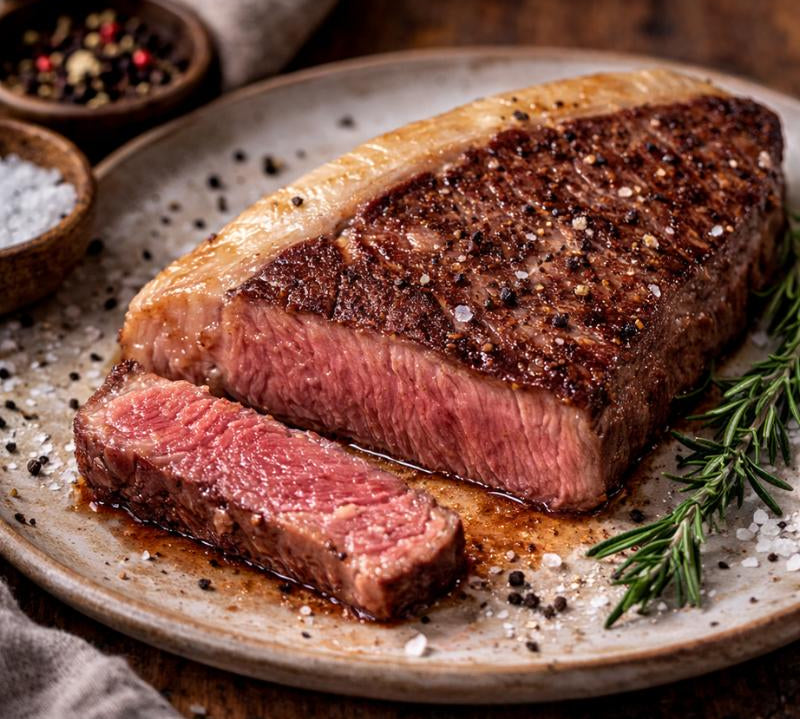 Steak on a plate with a slice cut, surrounded by rosemary and spices.