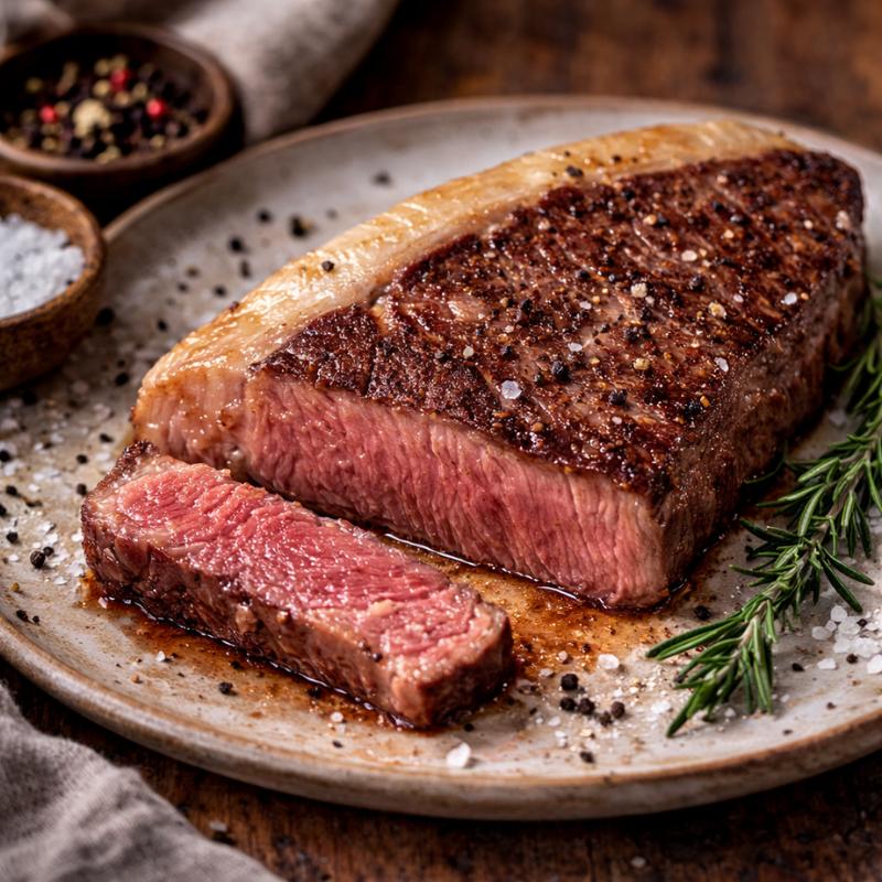 Steak on a plate with a slice cut, surrounded by rosemary and spices.