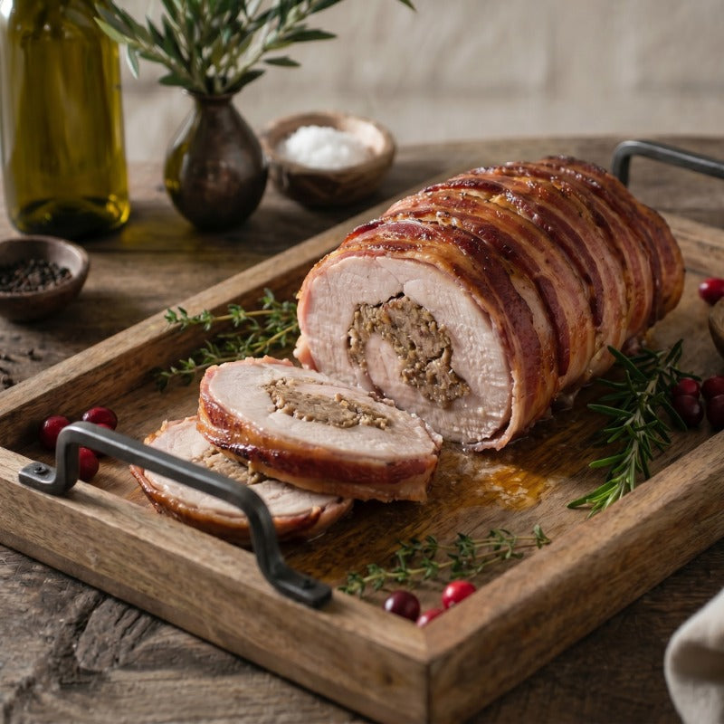 Turkey - Breast Crown Boneless. Bacon Topped & Sausage Meat Filled, Rolled