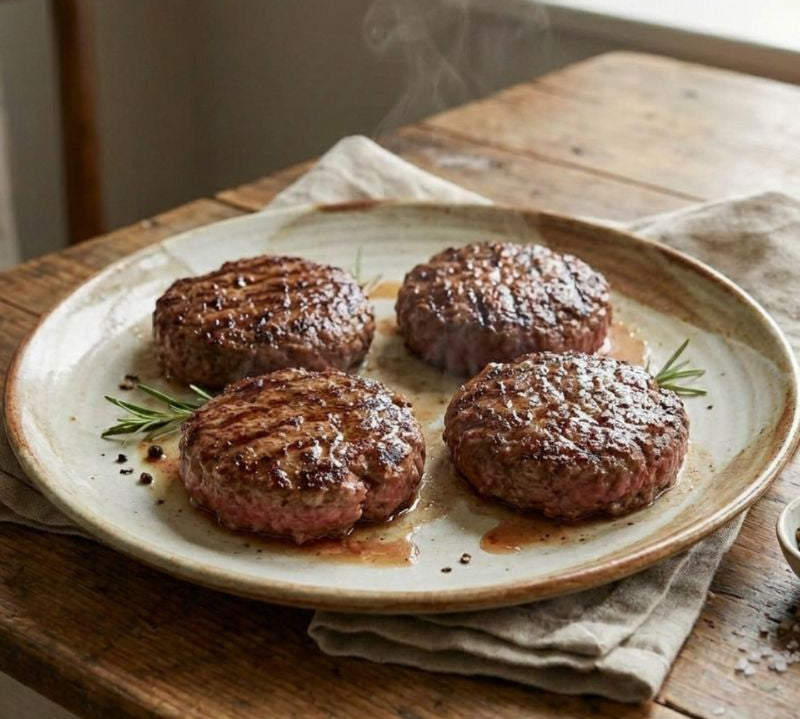 Four grilled beef patties on a ceramic plate with a wooden background