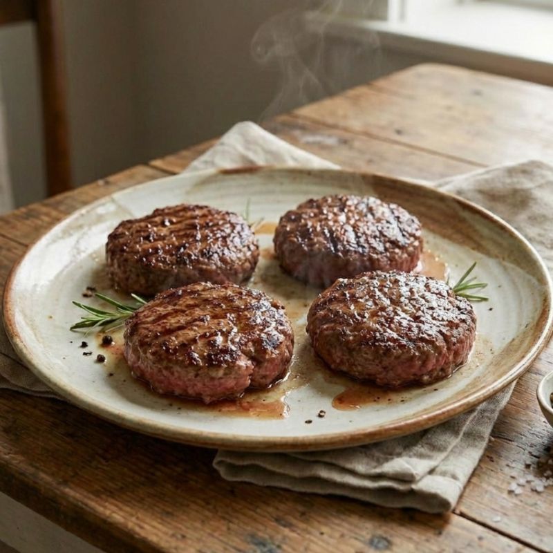 Four grilled beef patties on a ceramic plate with a wooden background