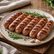 Grilled sausages on a plate with rosemary and garlic on a wooden surface