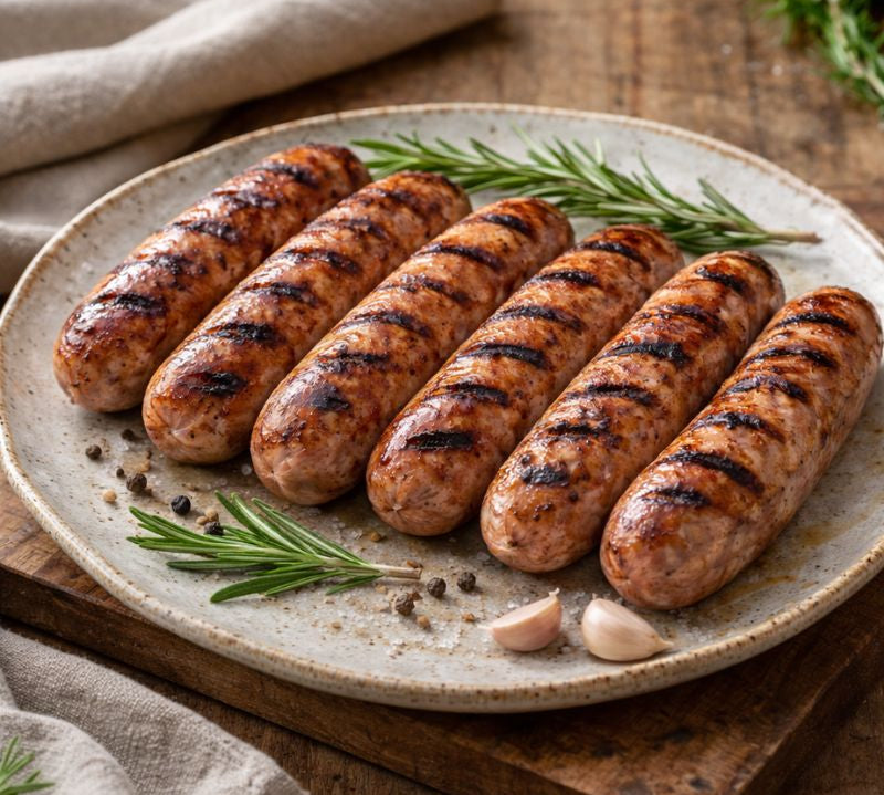 Grilled sausages on a plate with rosemary and garlic on a wooden surface