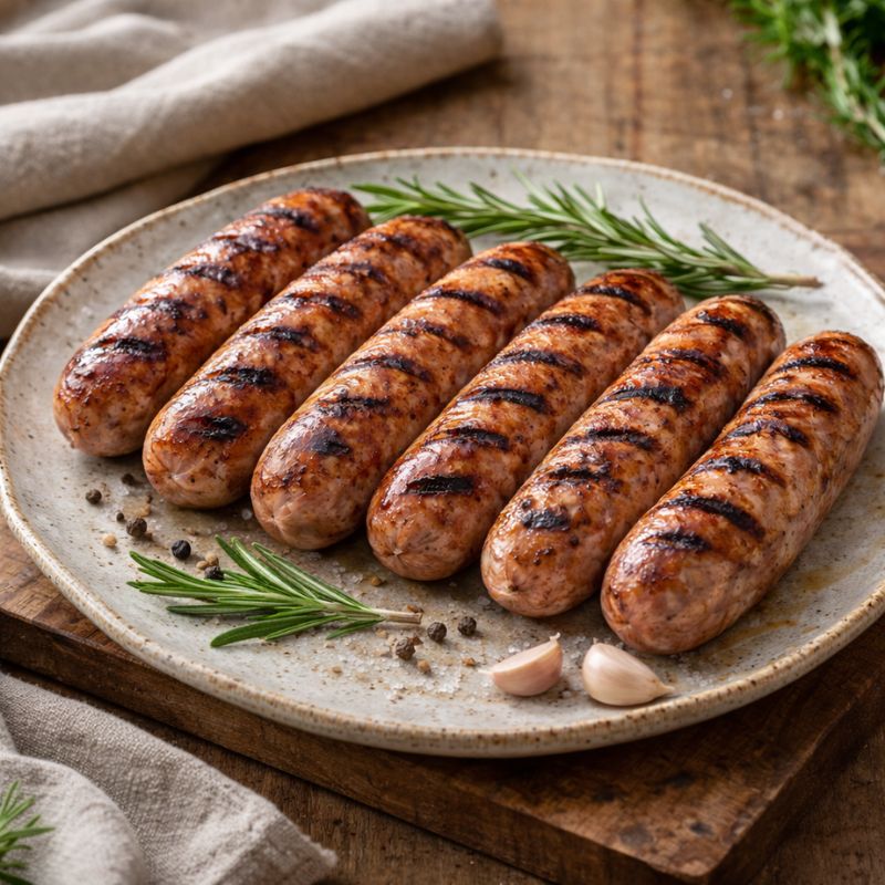 Grilled sausages on a plate with rosemary and garlic on a wooden surface