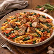 Pasta dish with sausages and vegetables on a wooden table