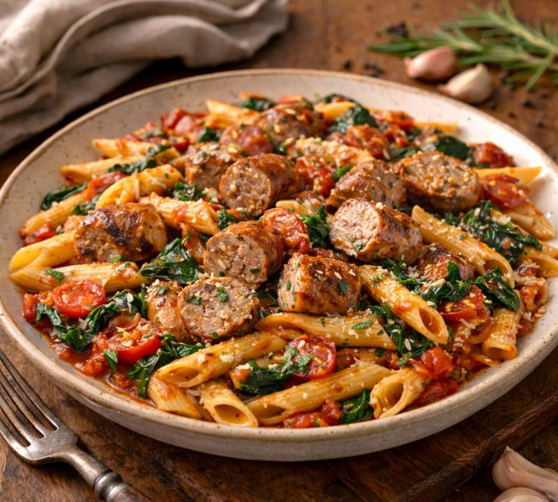 Pasta dish with sausages and vegetables on a wooden table