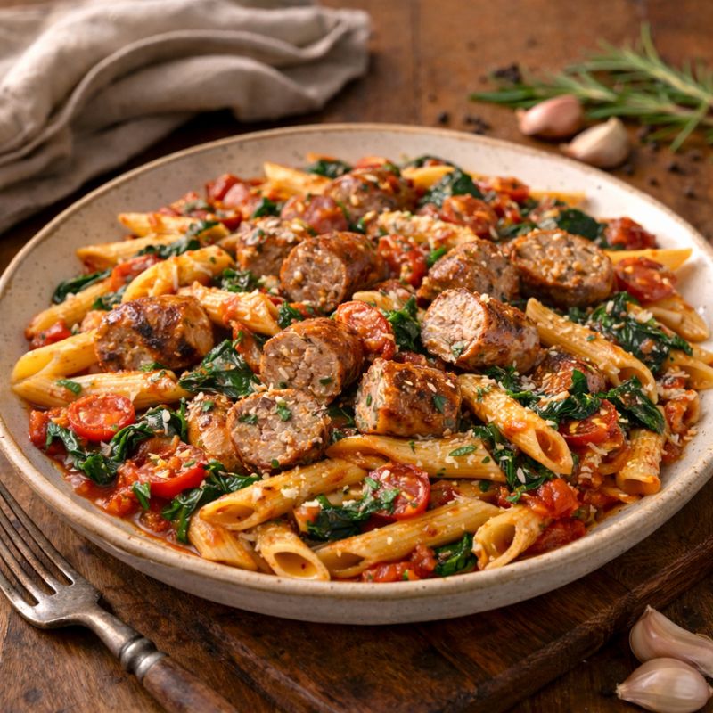 Pasta dish with sausages and vegetables on a wooden table