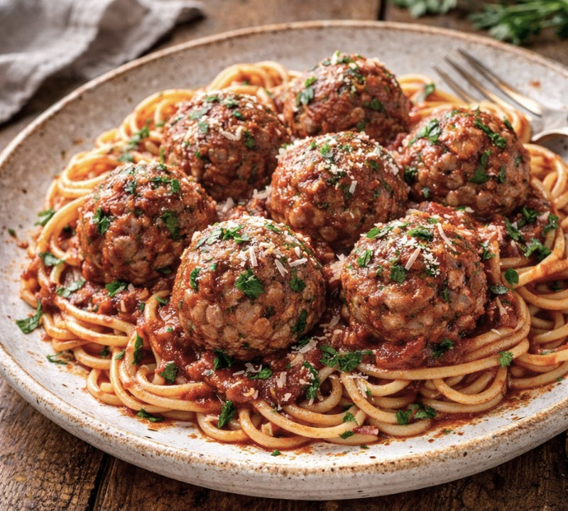 cooked meatballs with spaghetti on a plate