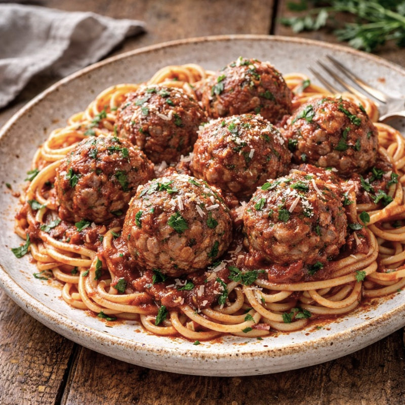 cooked meatballs with spaghetti on a plate