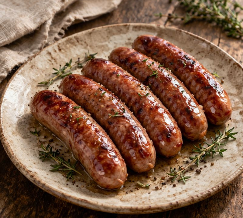 Grilled sausages on a rustic plate with herbs