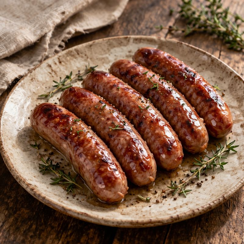 Grilled sausages on a rustic plate with herbs