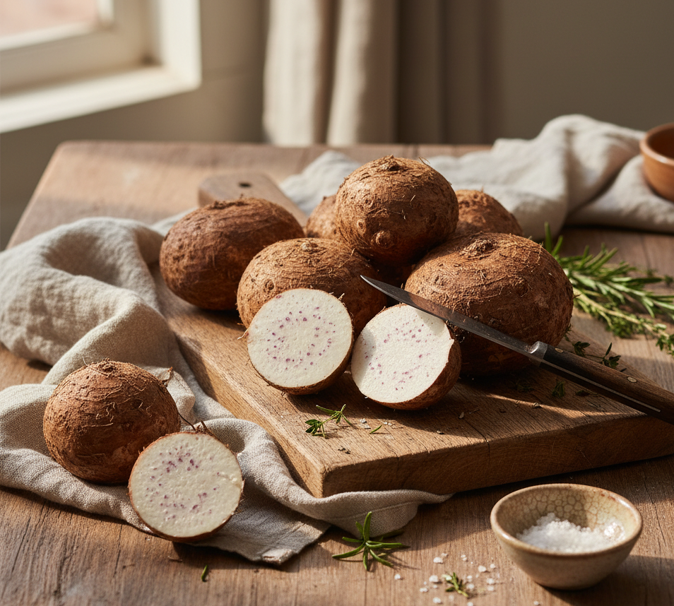 Raw eddoe on a wooden cutting board with a knife, on a rustic wooden table.