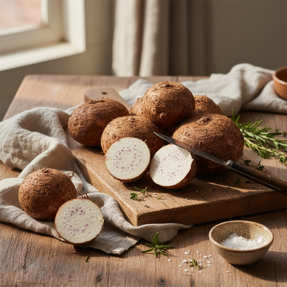 Raw eddoe on a wooden cutting board with a knife, on a rustic wooden table.