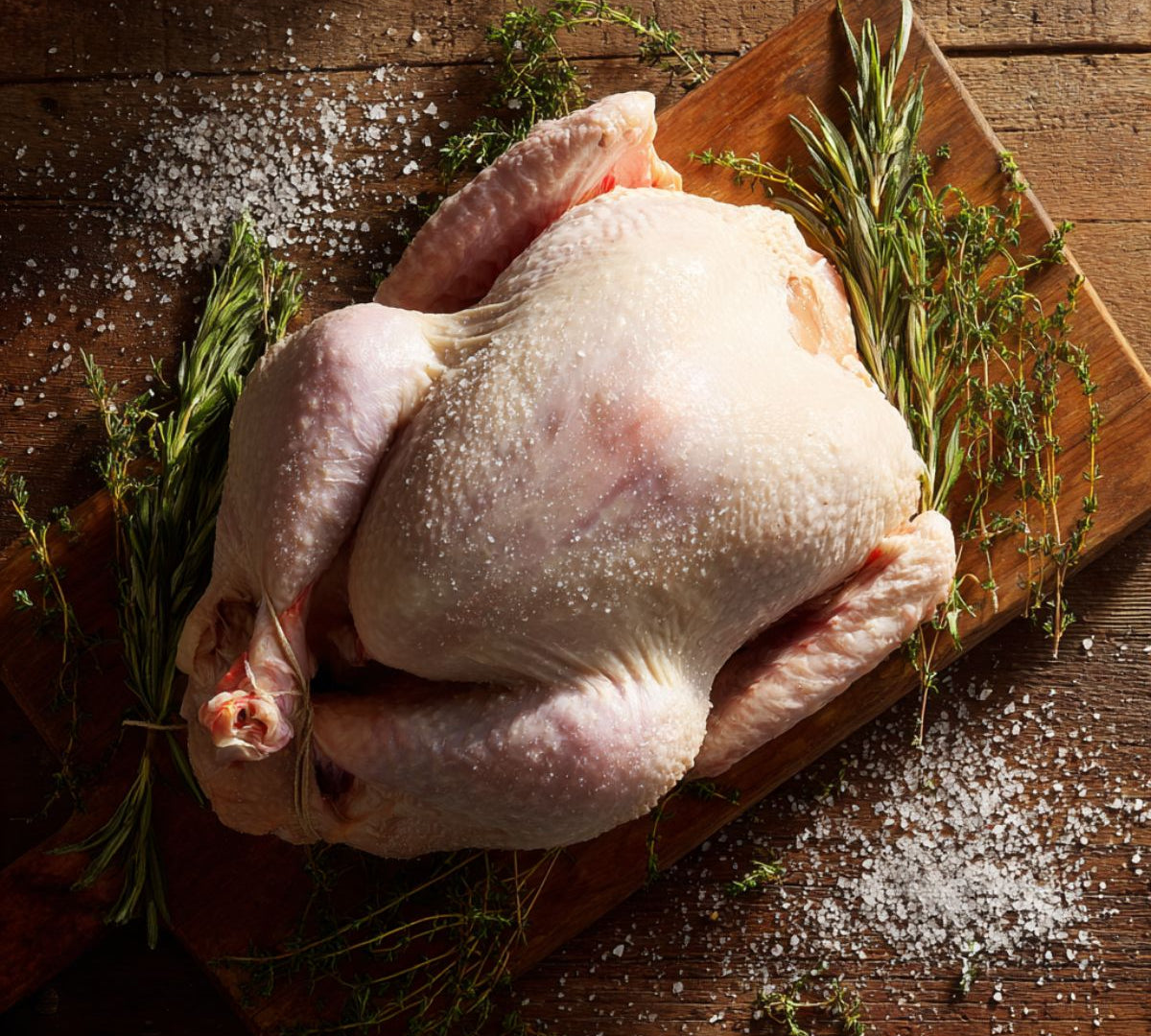 Free range whole British turkey on rustic table, premium white turkey ready for roasting.