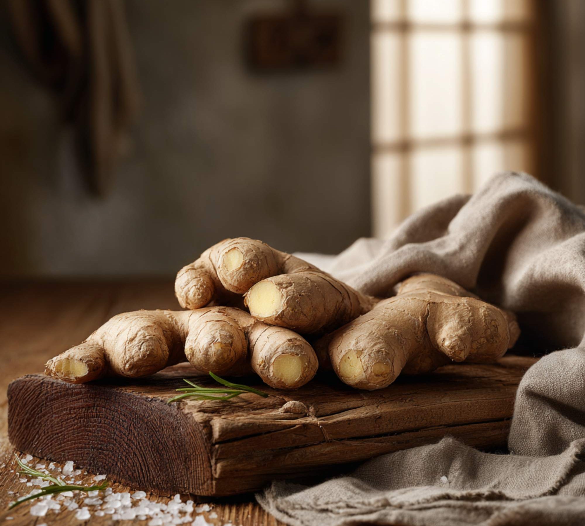 Ginger roots on a wooden board with a rustic background