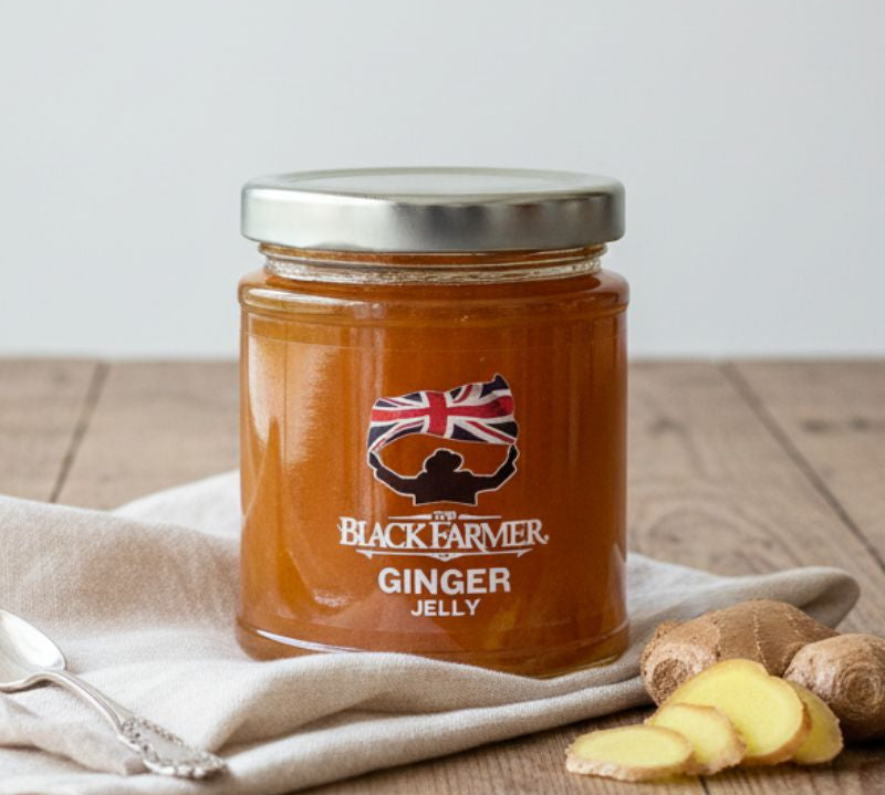 Jar of The Black Farmer Genuinely Ginger Jelly 220g – sweet ginger preserve for cheese boards and toast
