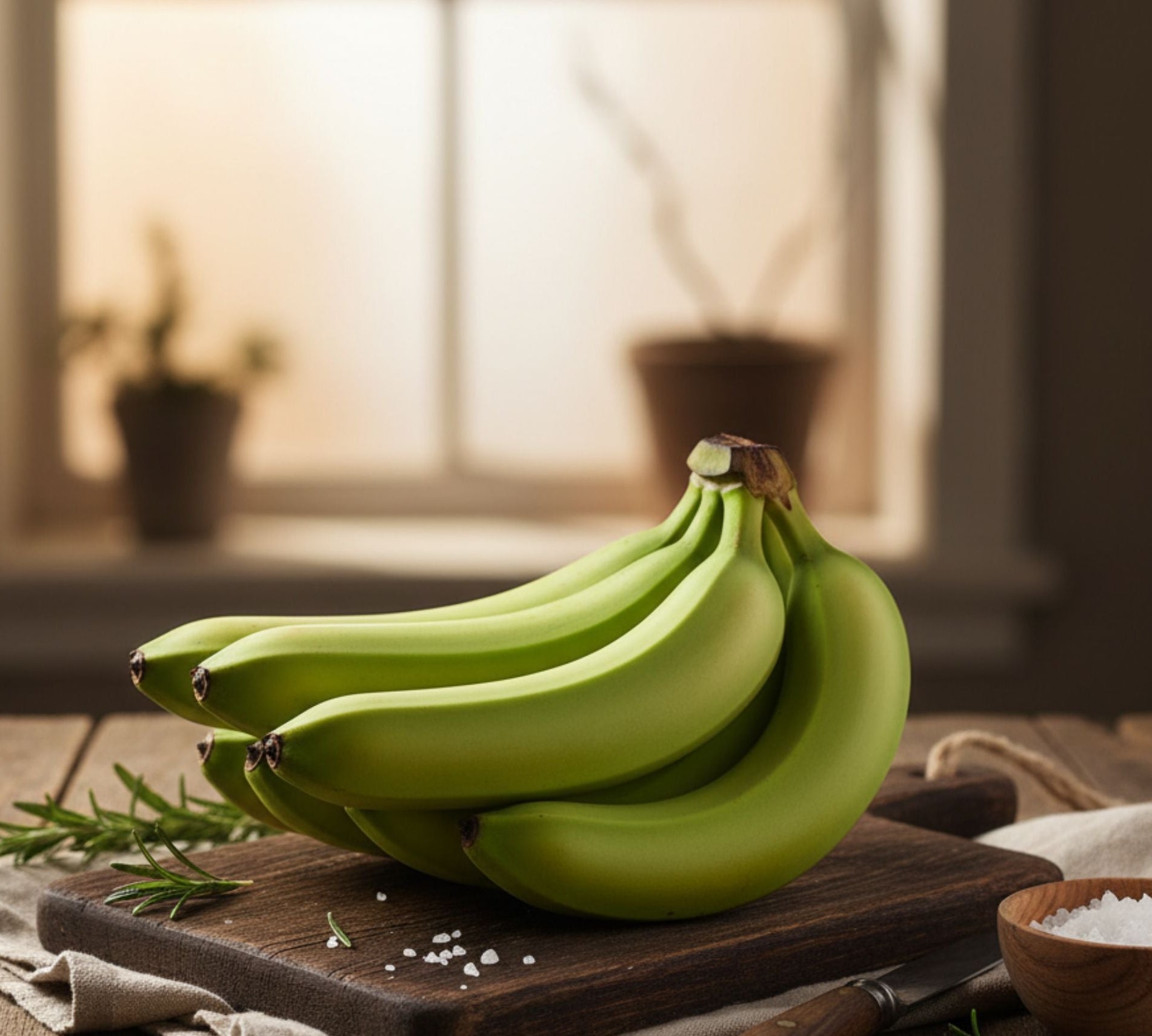 Green bananas on a wooden cutting board with a blurred indoor background