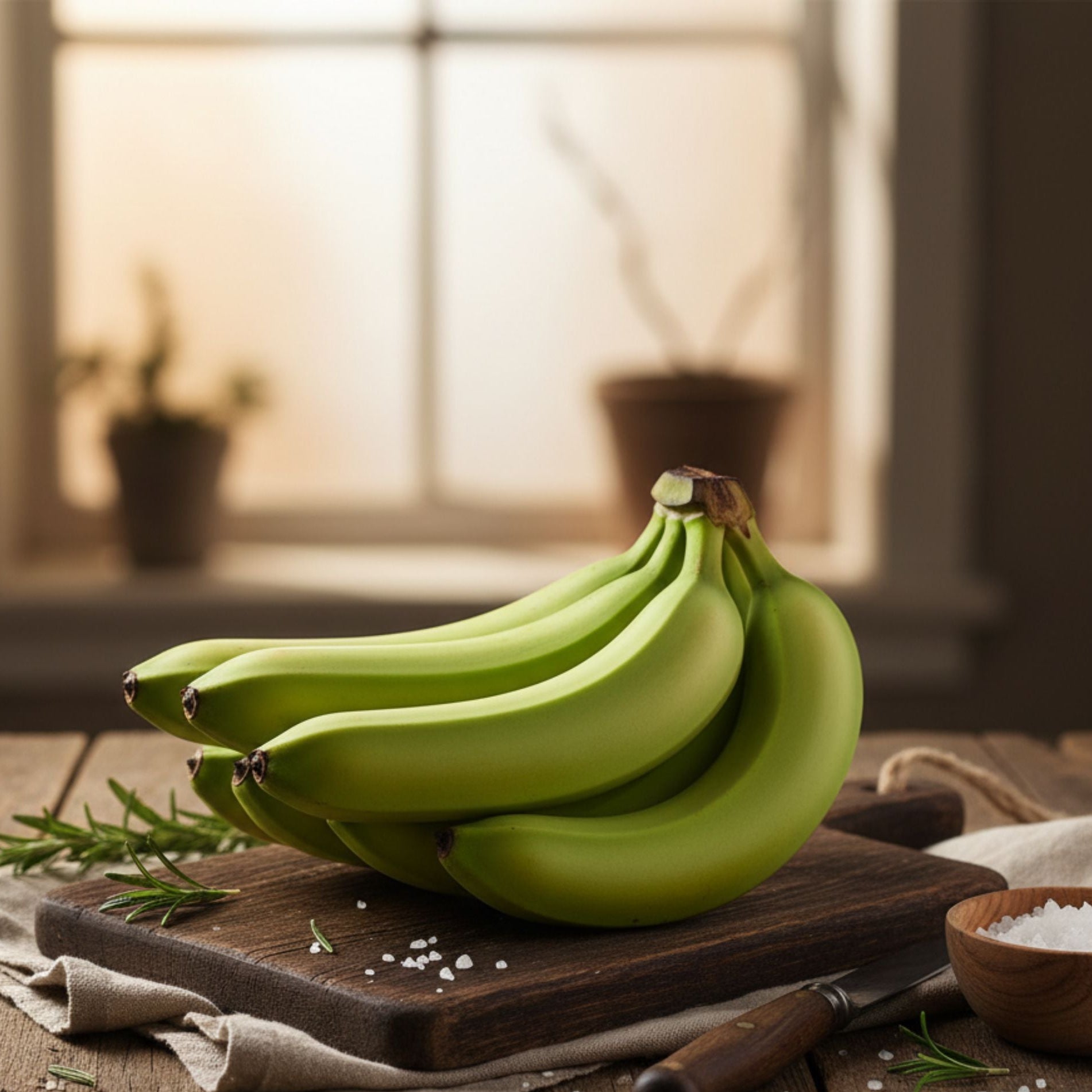 Green bananas on a wooden cutting board with a blurred indoor background