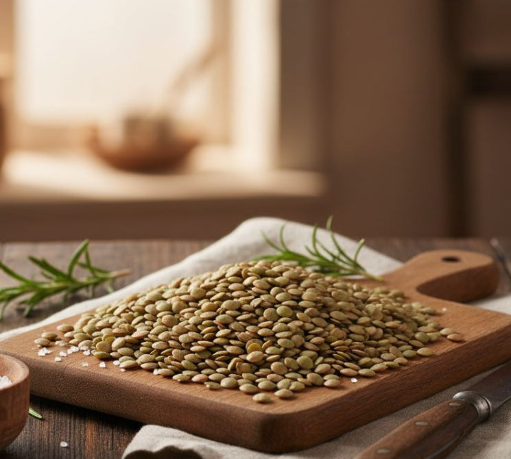 Wooden cutting board with green seeds on a wooden table
