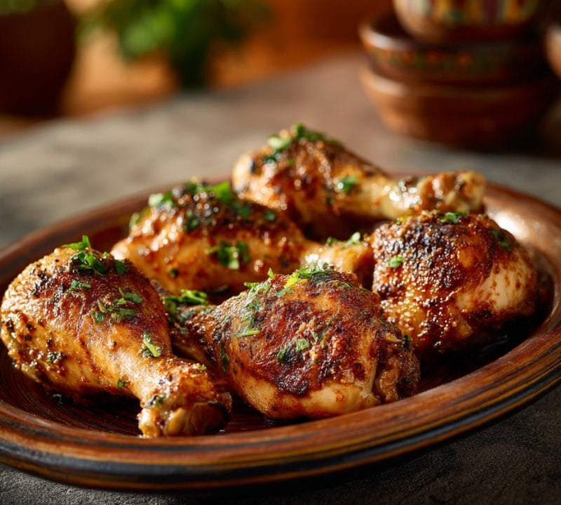 hot-and-spicy marinated chicken drumsticks on a board with chillies and herbs – The Black Farmer.