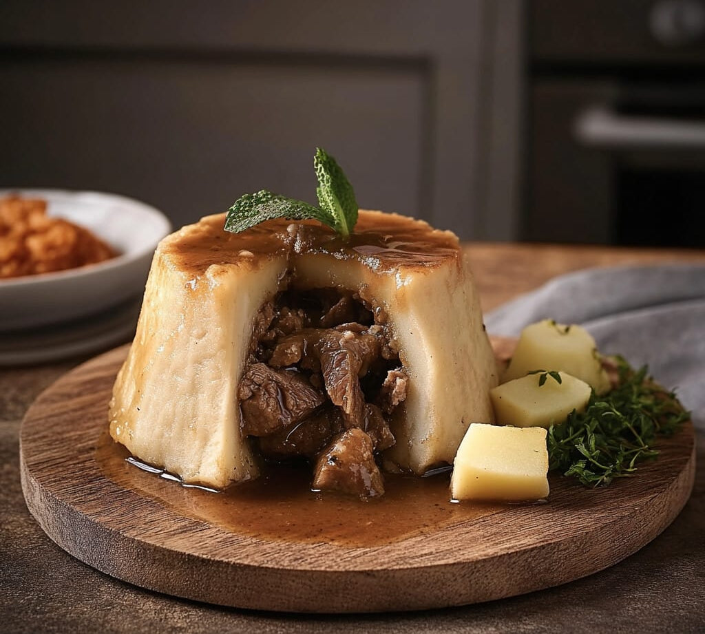 Lamb & Mint Suet Pudding in rich suet pastry, traditional British comfort meal.