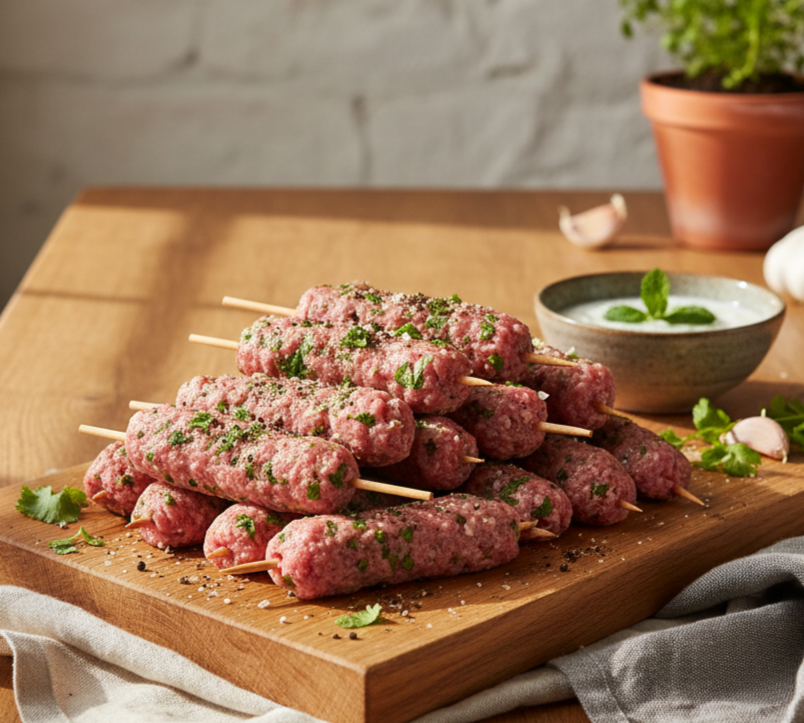 Juicy British lamb koftas with coriander and garlic, ready for grilling, roasting or BBQ cooking.