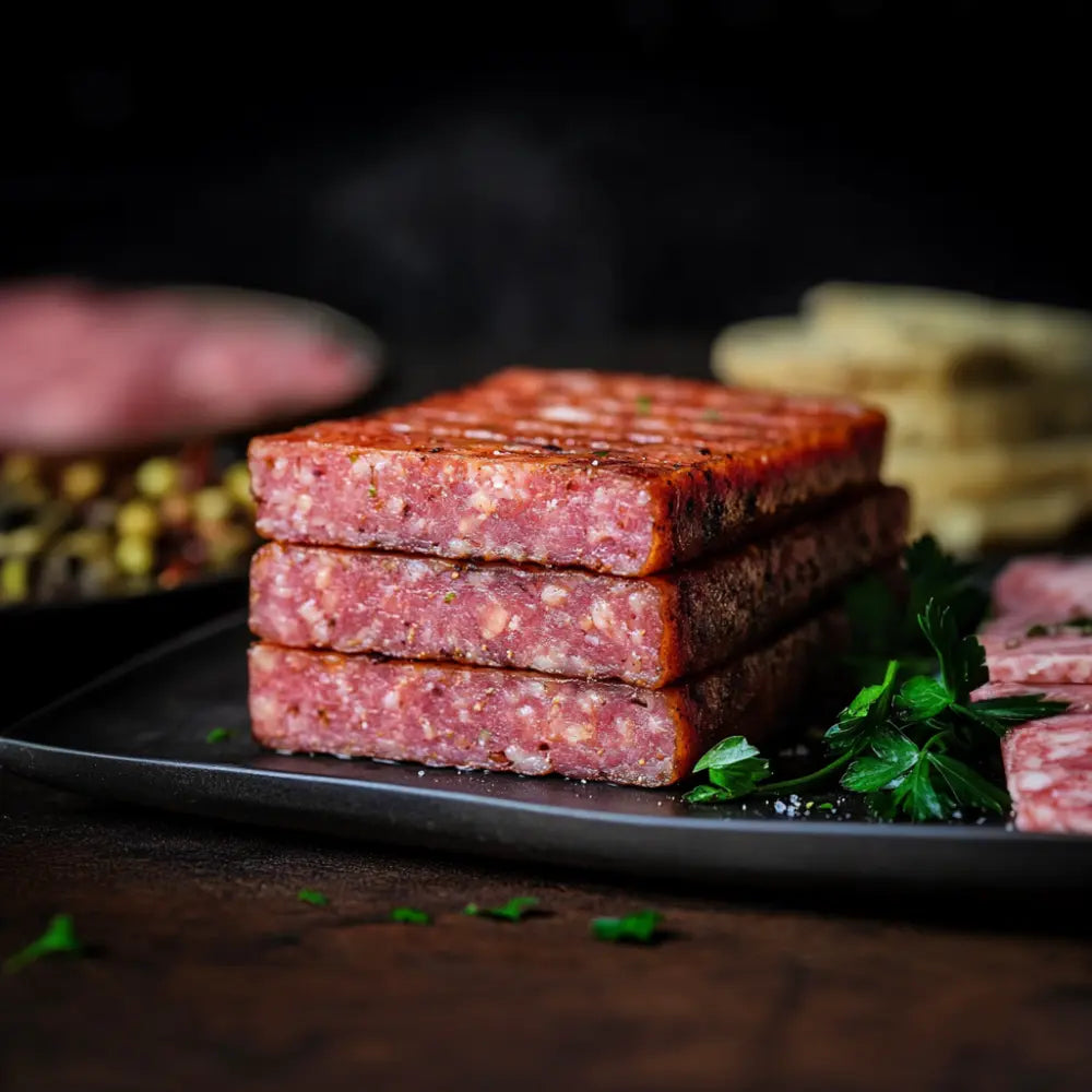 Slices of traditional Scottish Lorne Sausage stacked on a black plate, garnished with fresh parsley
