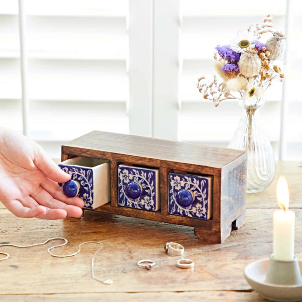 Mango Wood And Ceramic 3 Drawer Jewellery Box Blue Daisy