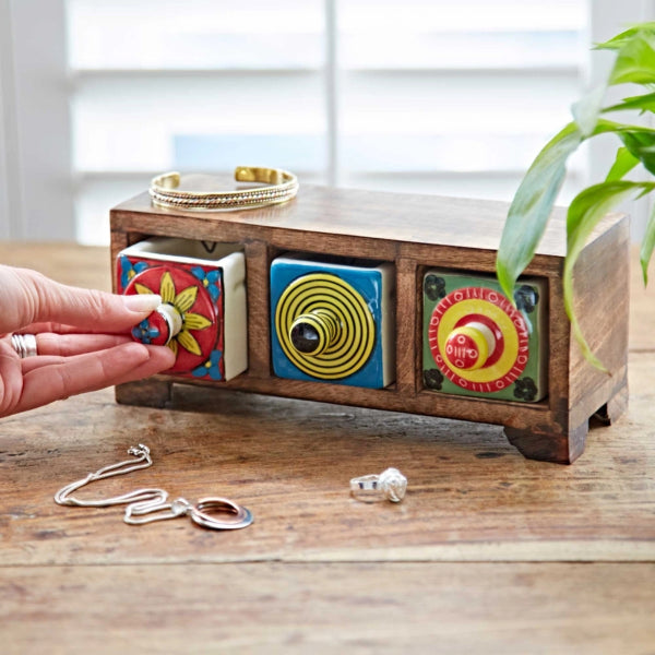 Mango Wood and Ceramic 3-Drawer Jewellery Box - Multicoloured 2