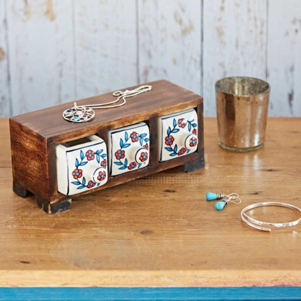 Mango Wood And Ceramic 3 Drawer Jewellery Box Red Flower