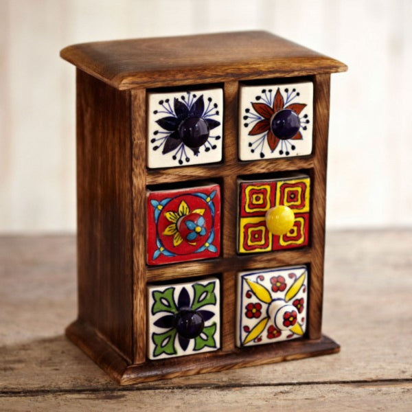 Mango Wood And Ceramic 6 Drawer Jewellery Box