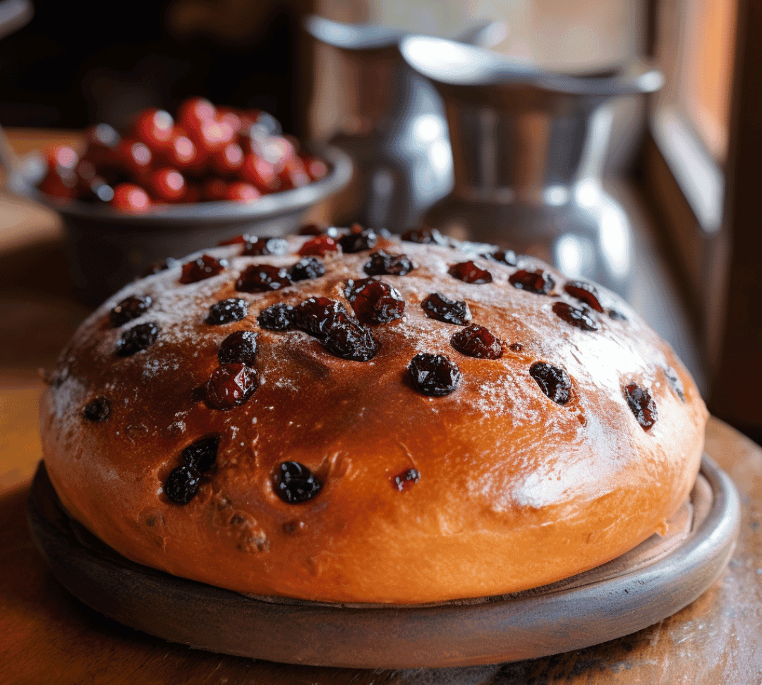 Spice Bun with raisins on a wooden table with a bowl of berries in the background