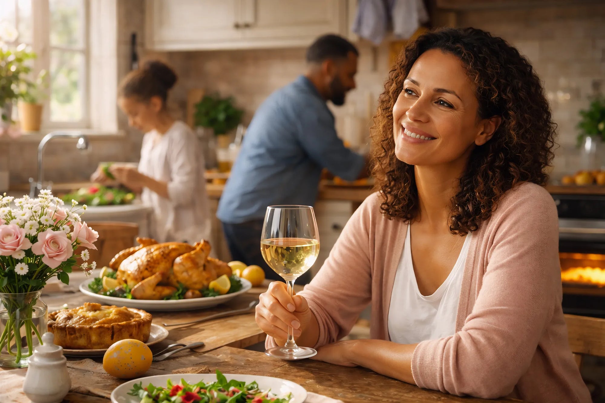 Mother enjoying a relaxed Mother’s Day meal with roast chicken and pies prepared by family.