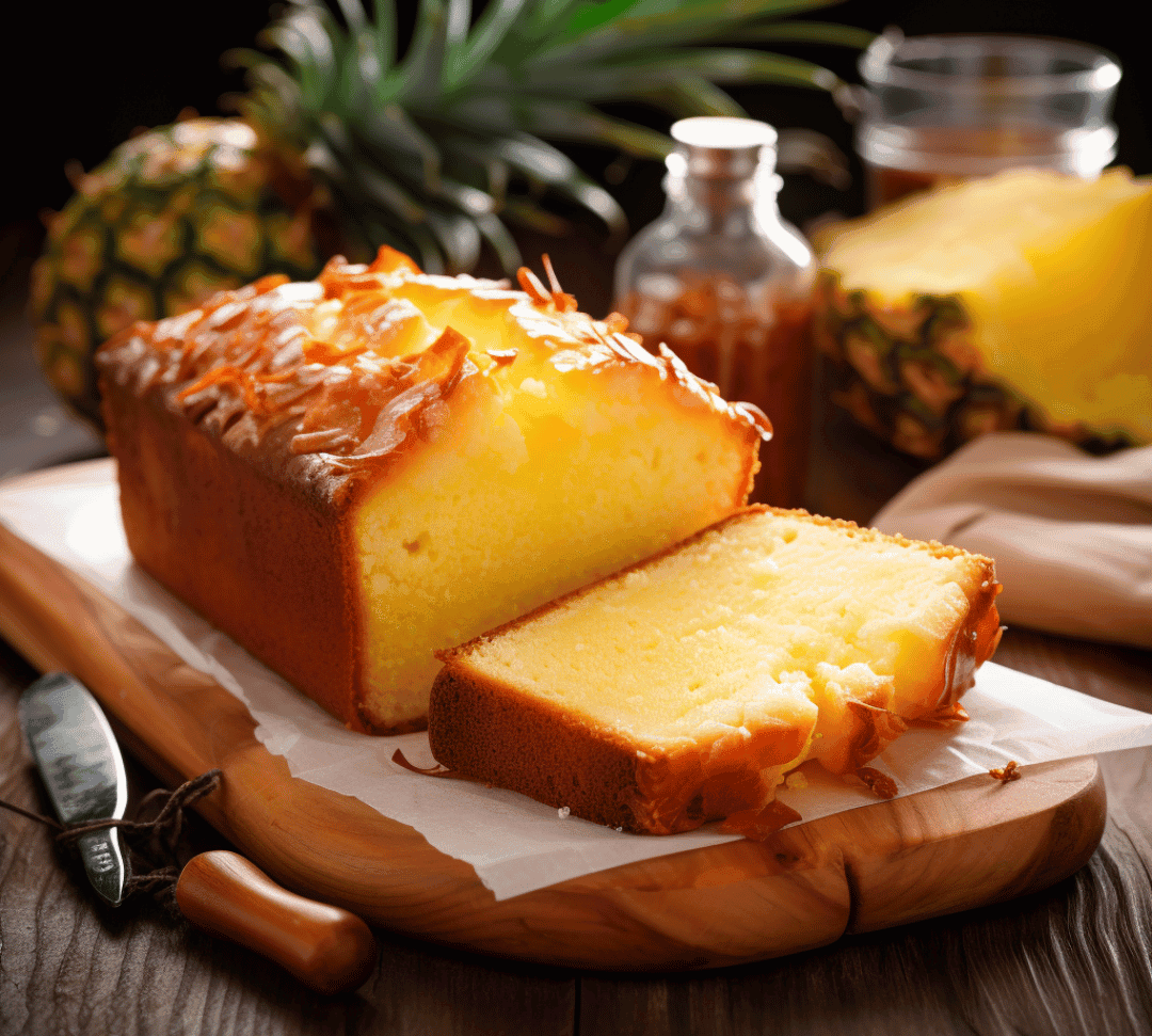 Loaf of pineapple cake with a slice cut, surrounded by pineapples and a jar on a wooden surface.