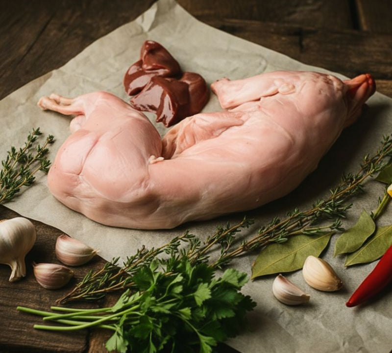 Whole British rabbit on tray, lean game meat ideal for roasting or stews