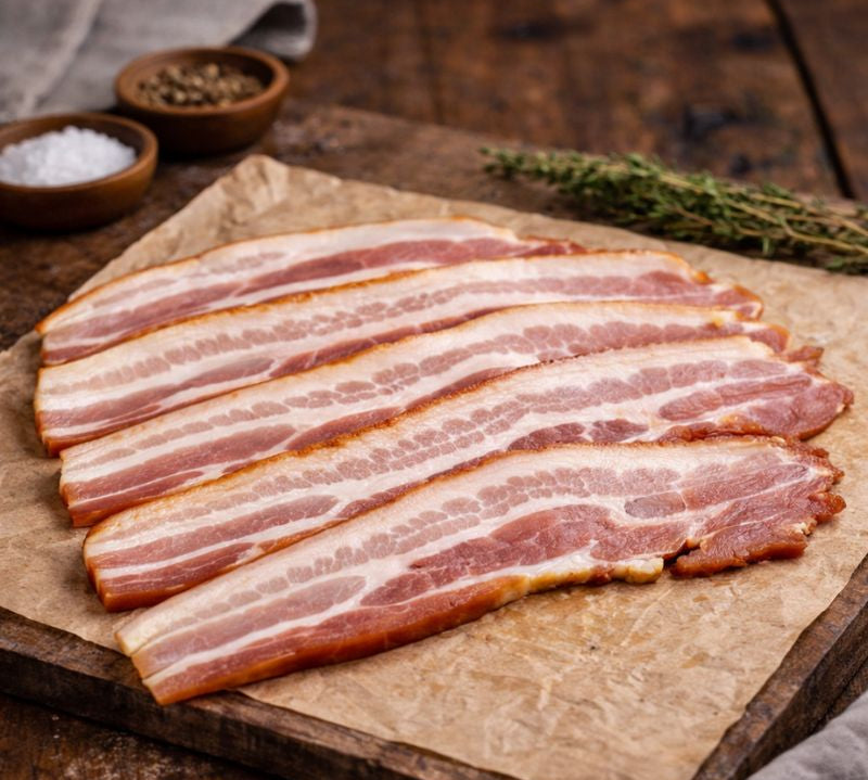 British rindless streaky bacon smoked pork rashers vacuum packed