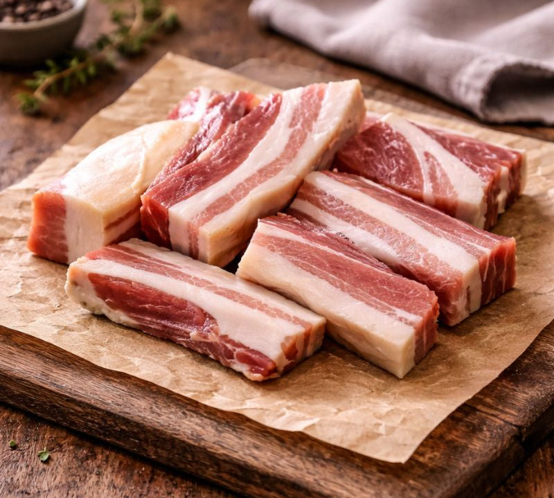 Unsmoked bacon off cuts by The Black Farmer, fresh British pork offcuts for everyday cooking