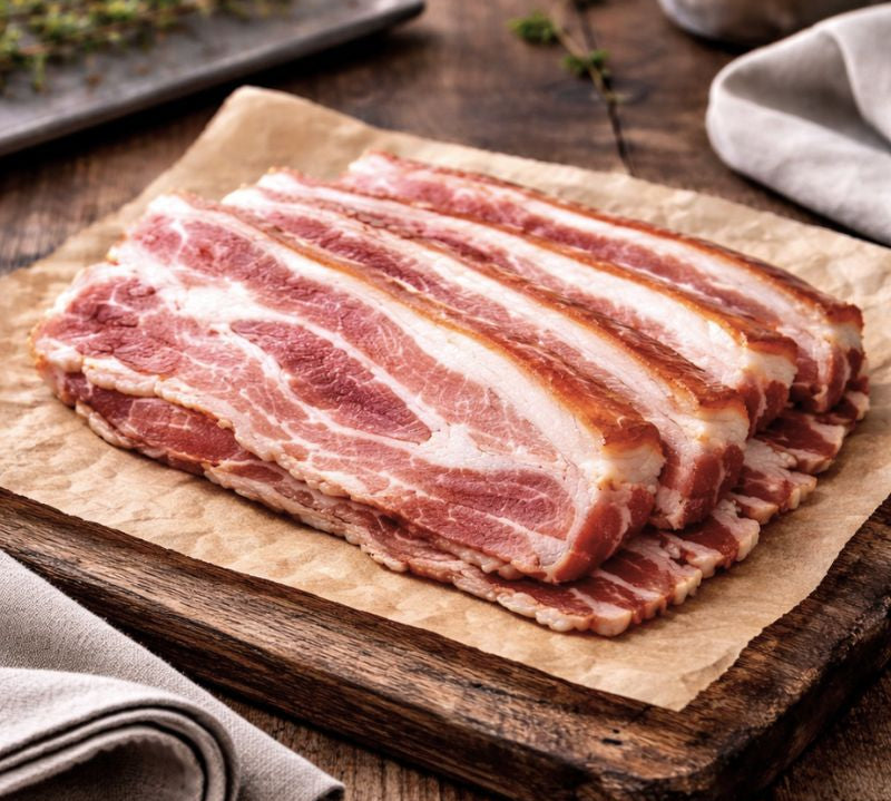Rind-on smoked streaky bacon rashers on board, beechwood smoked British pork from The Black Farmer