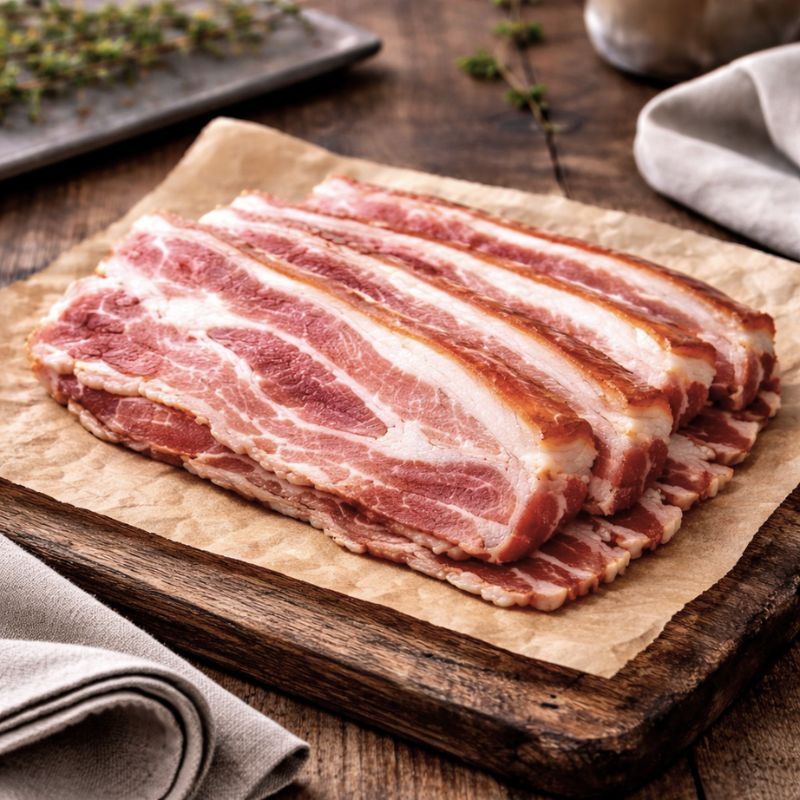 Rind-on smoked streaky bacon rashers on board, beechwood smoked British pork from The Black Farmer