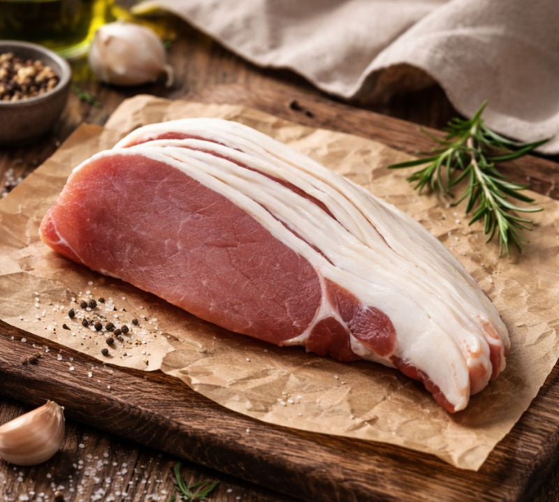 Rind on unsmoked back bacon rashers 250g pack from The Black Farmer, premium British pork with rind