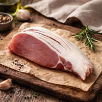 Rind on unsmoked back bacon rashers 250g pack from The Black Farmer, premium British pork with rind